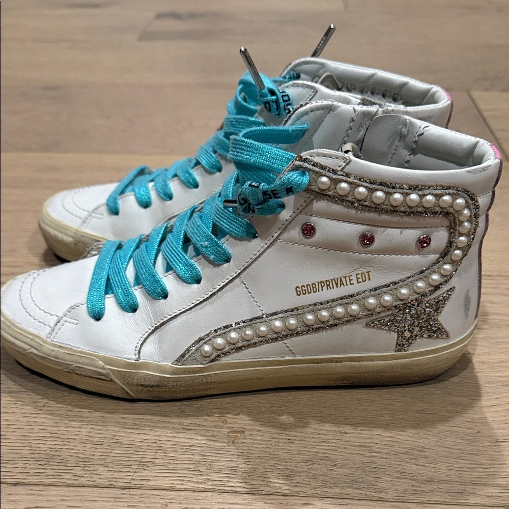 Golden Goose White High-Top Sneakers with Turquoise Laces and Pearl Star Trim